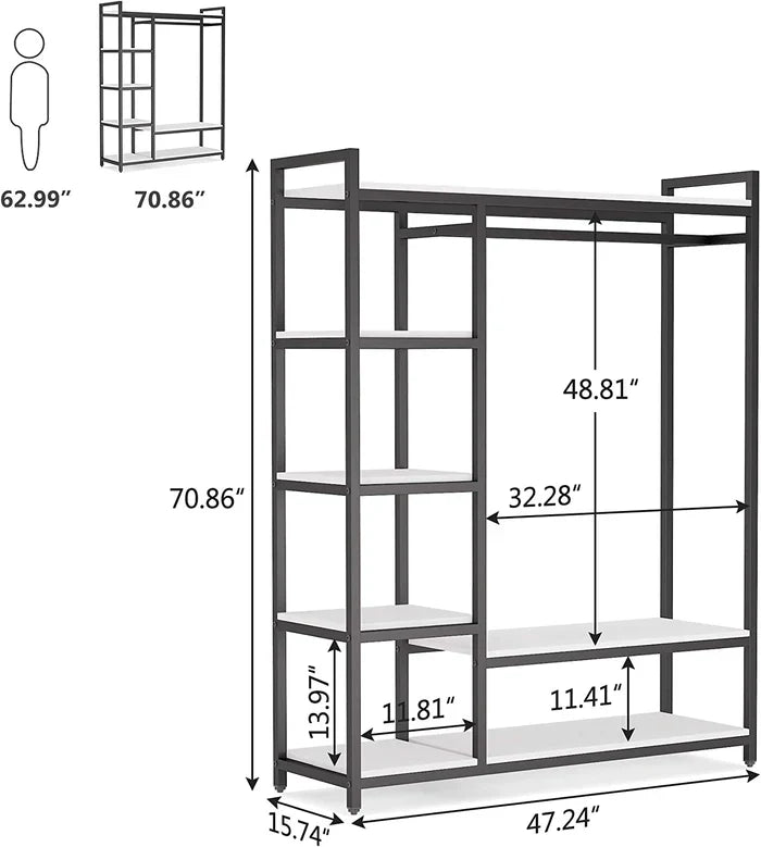 Freestanding Closet Organizer with 6 Shelves and Hanging Bar