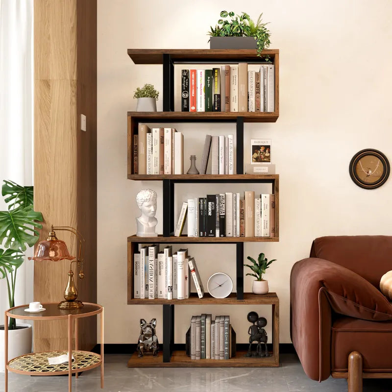 Five/six-layer vertical S-shaped anti-fall and anti-slip safety bookshelf suitable for home office