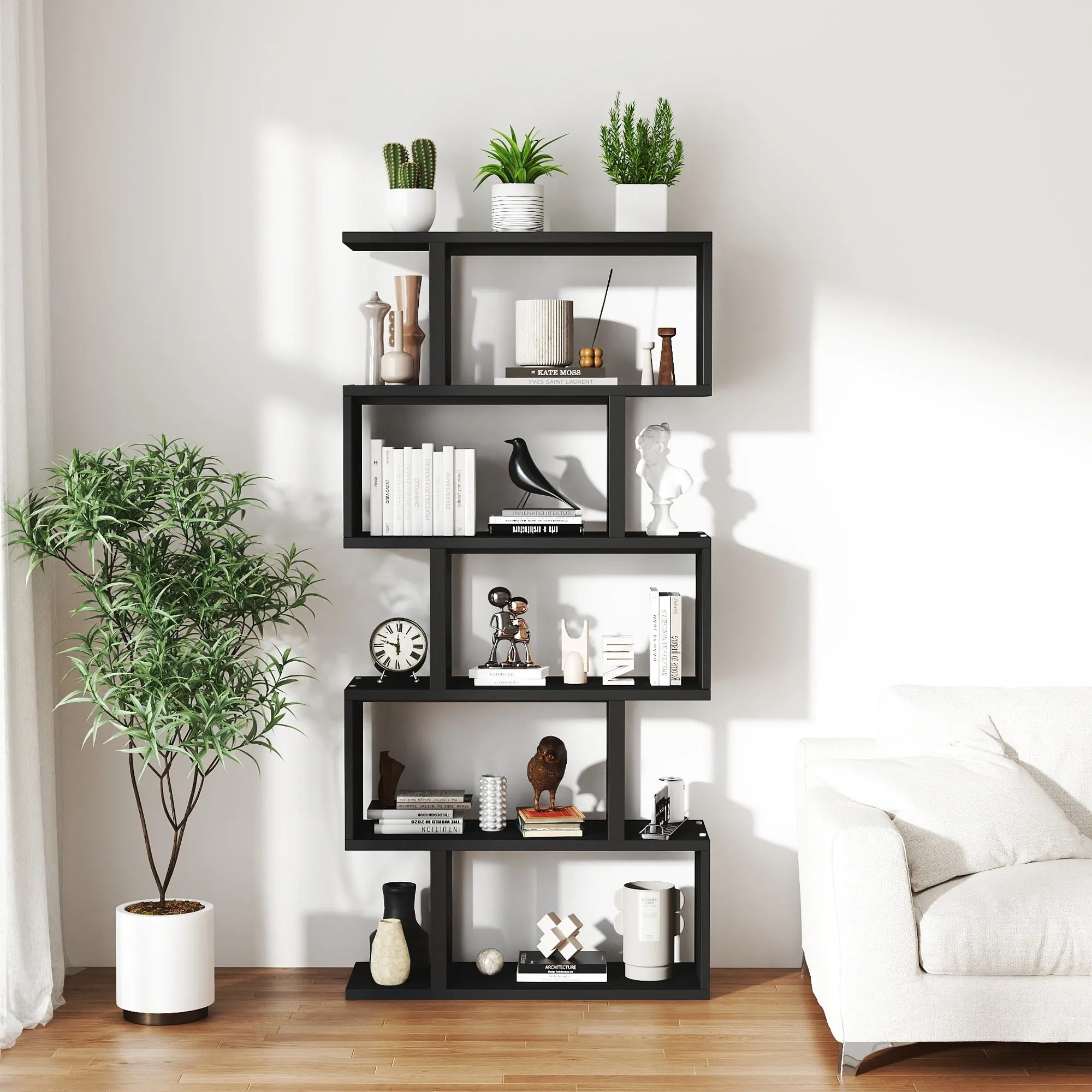 Five/six-layer vertical S-shaped anti-fall and anti-slip safety bookshelf suitable for home office