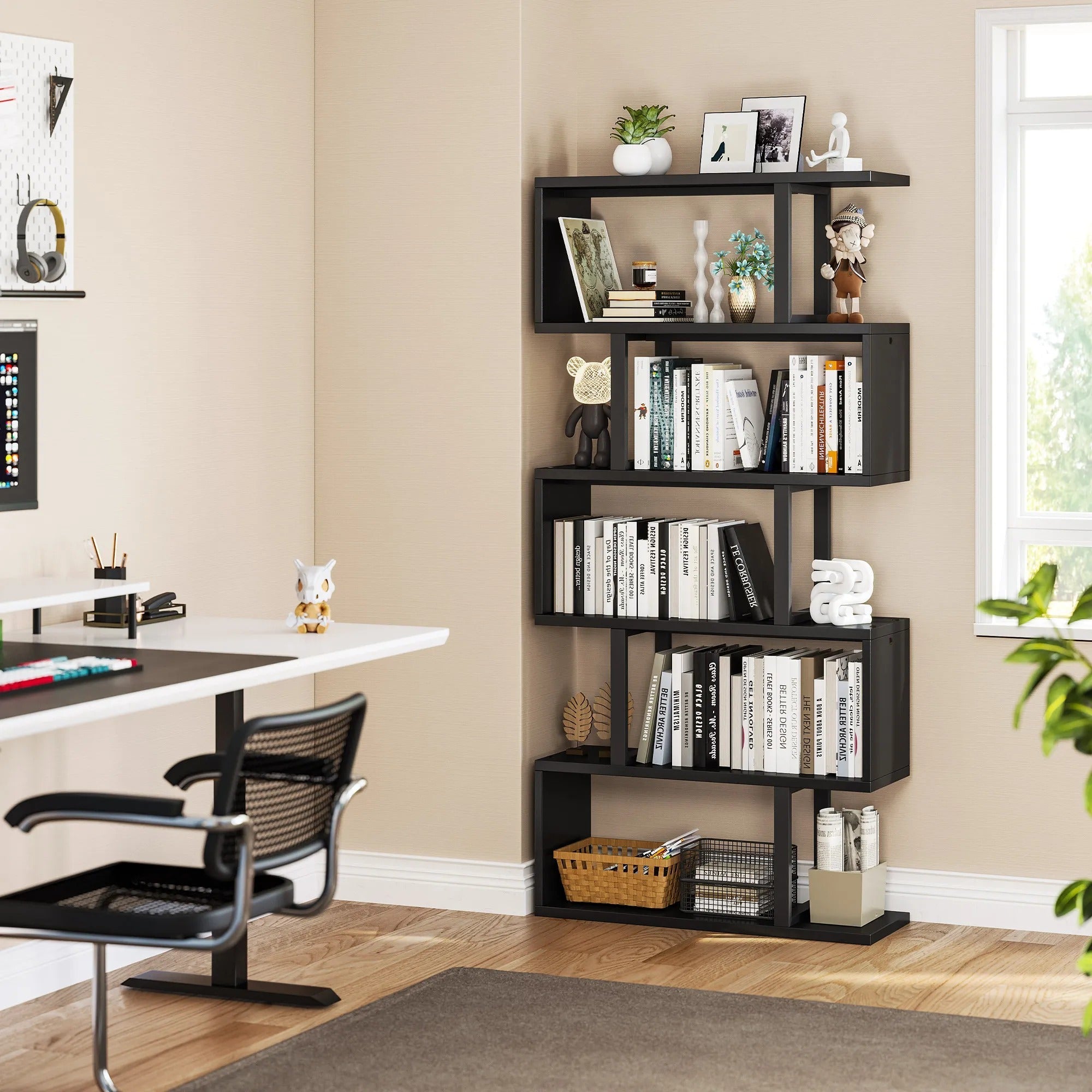 Five/six-layer vertical S-shaped anti-fall and anti-slip safety bookshelf suitable for home office