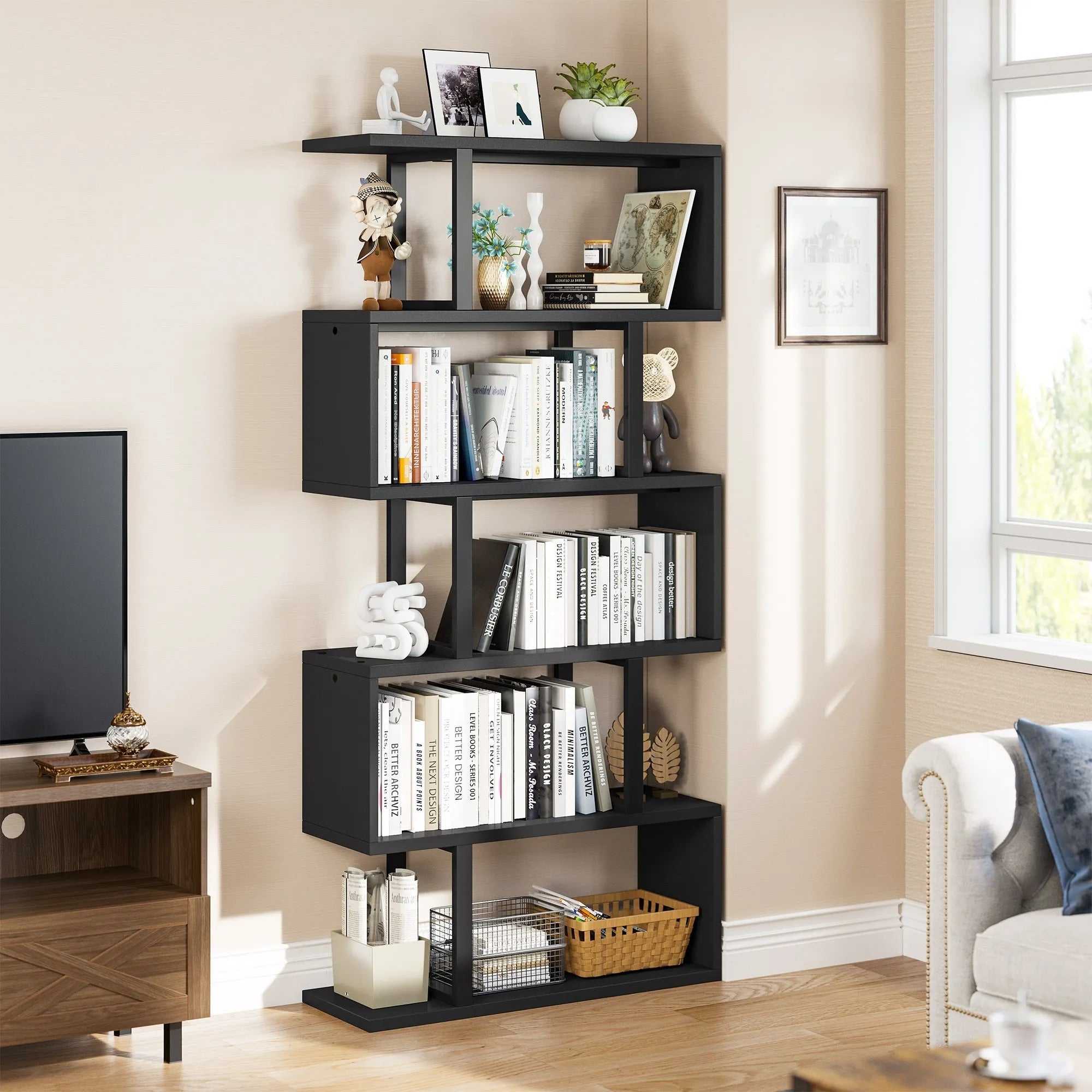 Five/six-layer vertical S-shaped anti-fall and anti-slip safety bookshelf suitable for home office