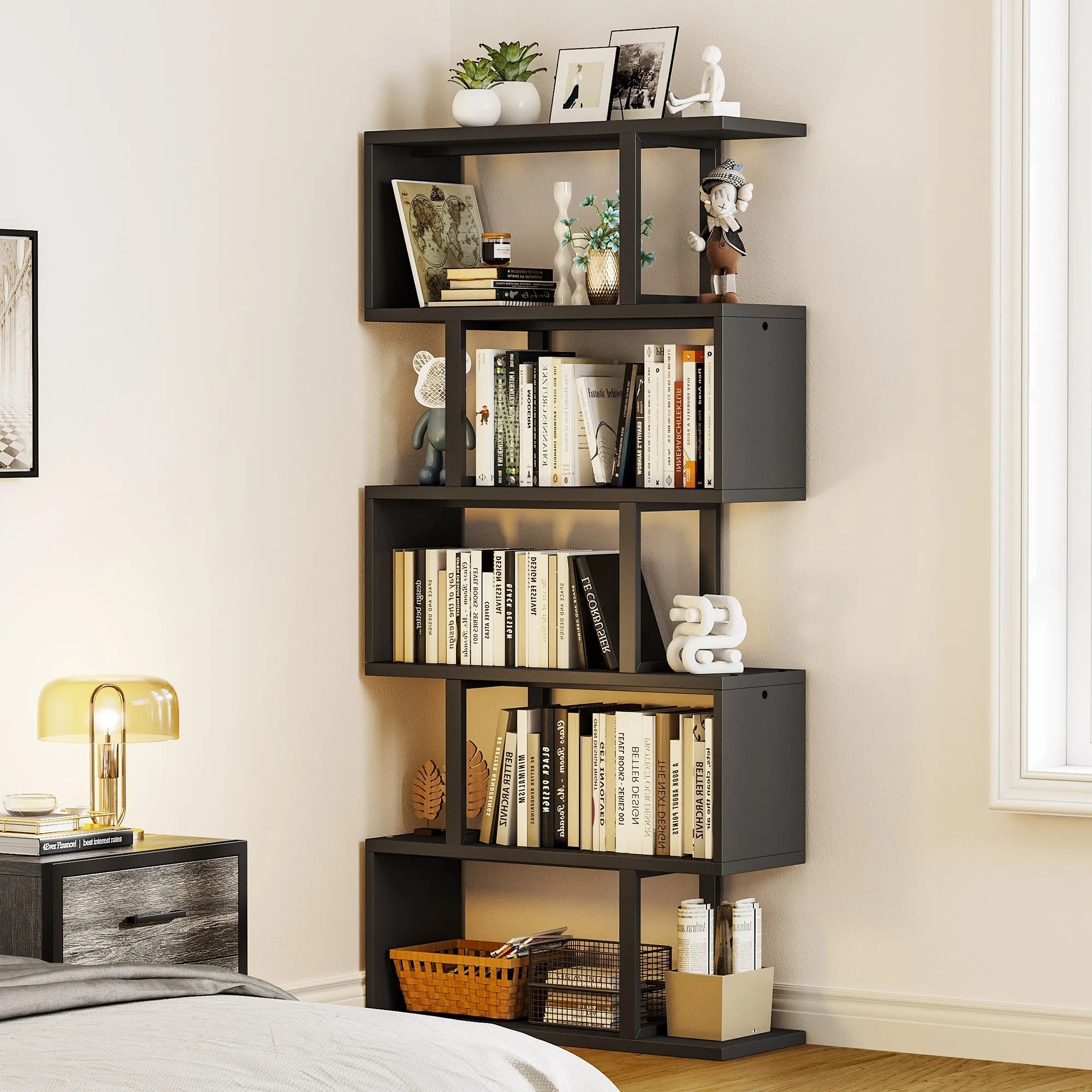 Five/six-layer vertical S-shaped anti-fall and anti-slip safety bookshelf suitable for home office