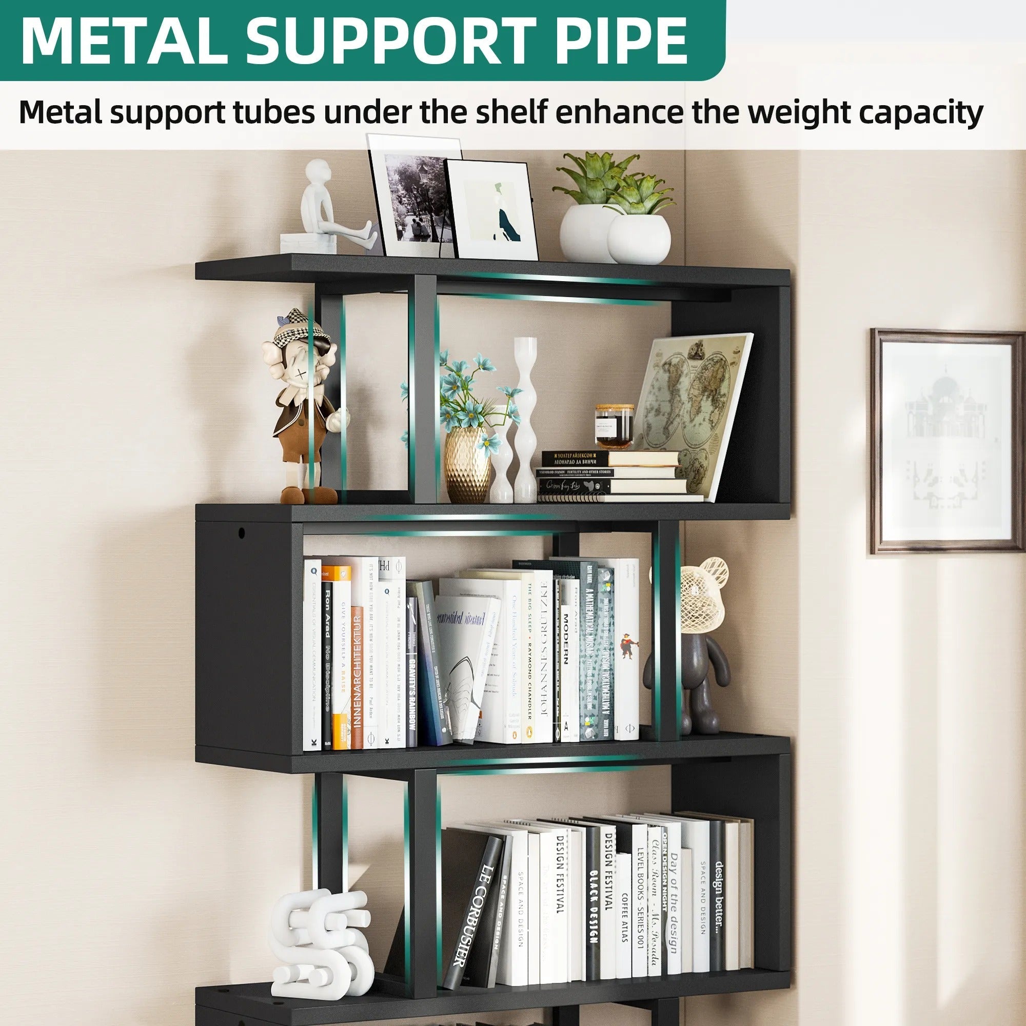 Five/six-layer vertical S-shaped anti-fall and anti-slip safety bookshelf suitable for home office