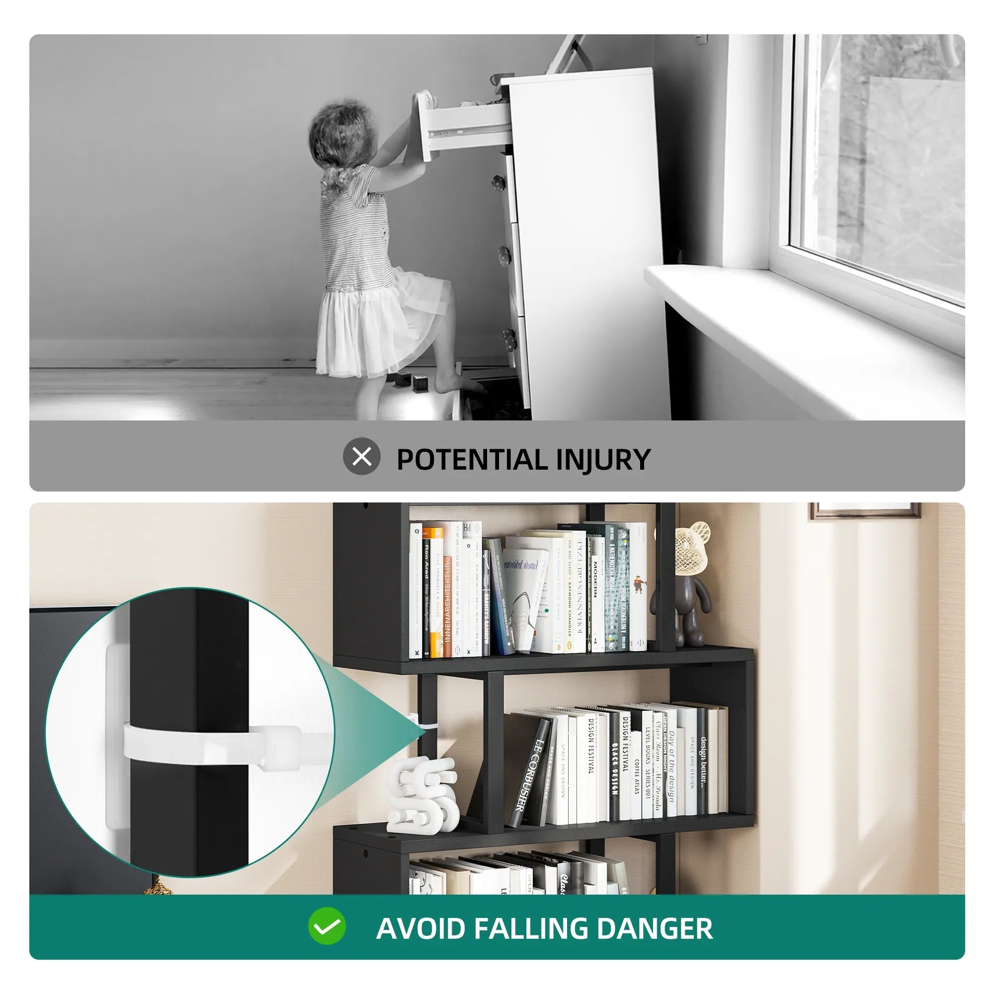 Five/six-layer vertical S-shaped anti-fall and anti-slip safety bookshelf suitable for home office