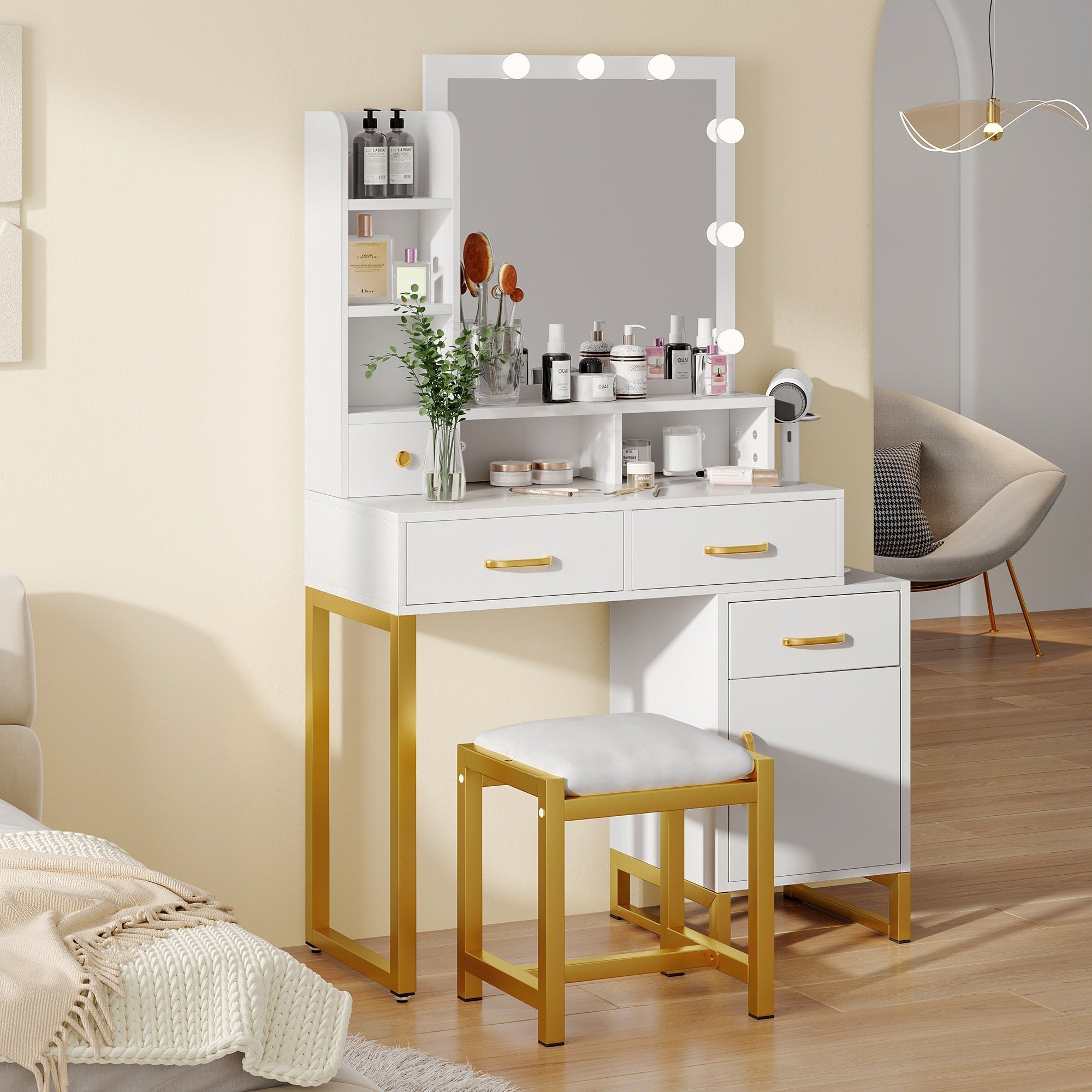 White Makeup Vanity Sets with Smart Lighted Mirrors, Drawers, Storages & Chair