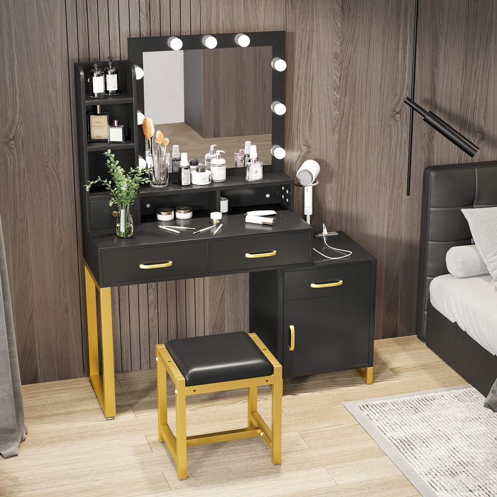 White Makeup Vanity Sets with Smart Lighted Mirrors, Drawers, Storages & Chair