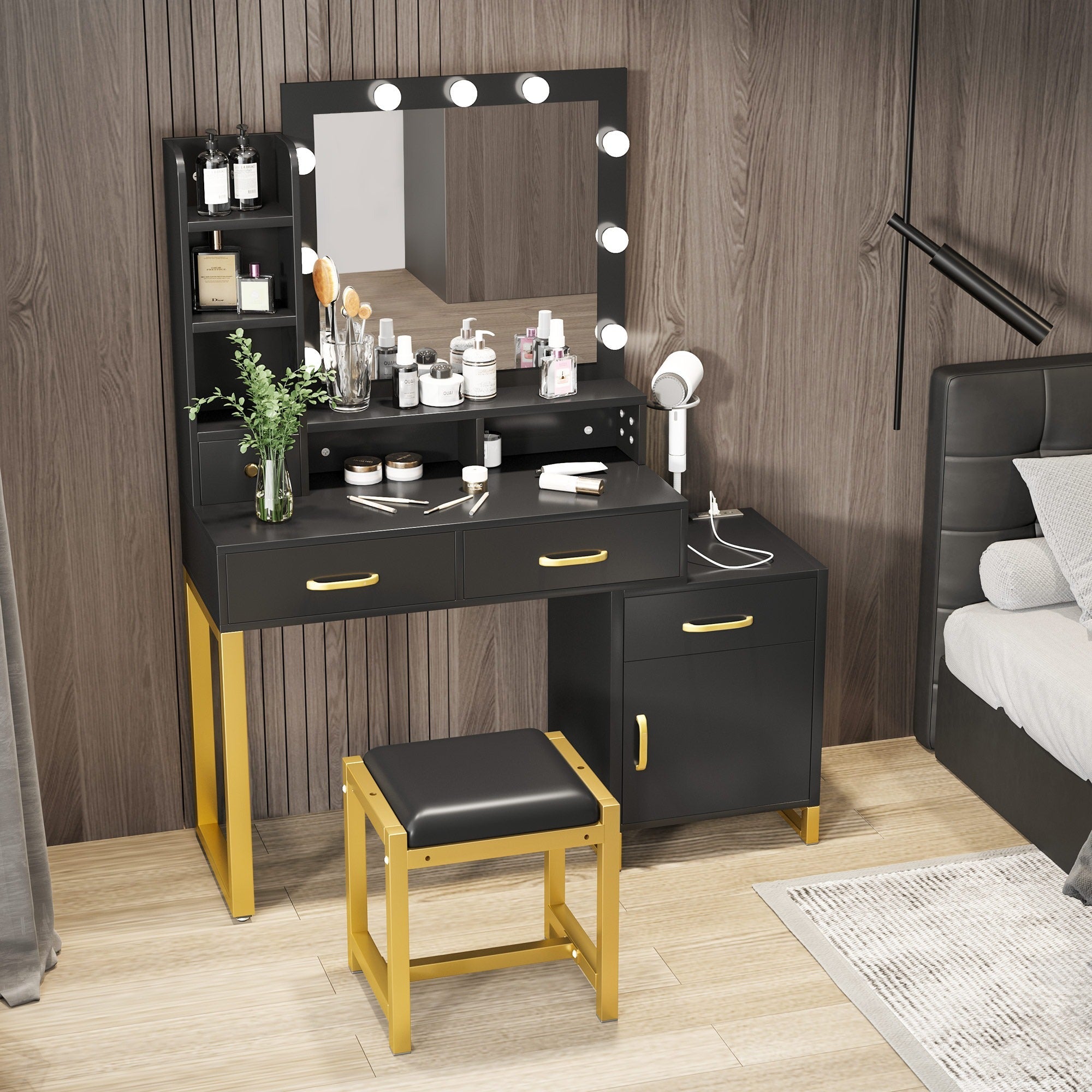 White Makeup Vanity Sets with Smart Lighted Mirrors, Drawers, Storages & Chair