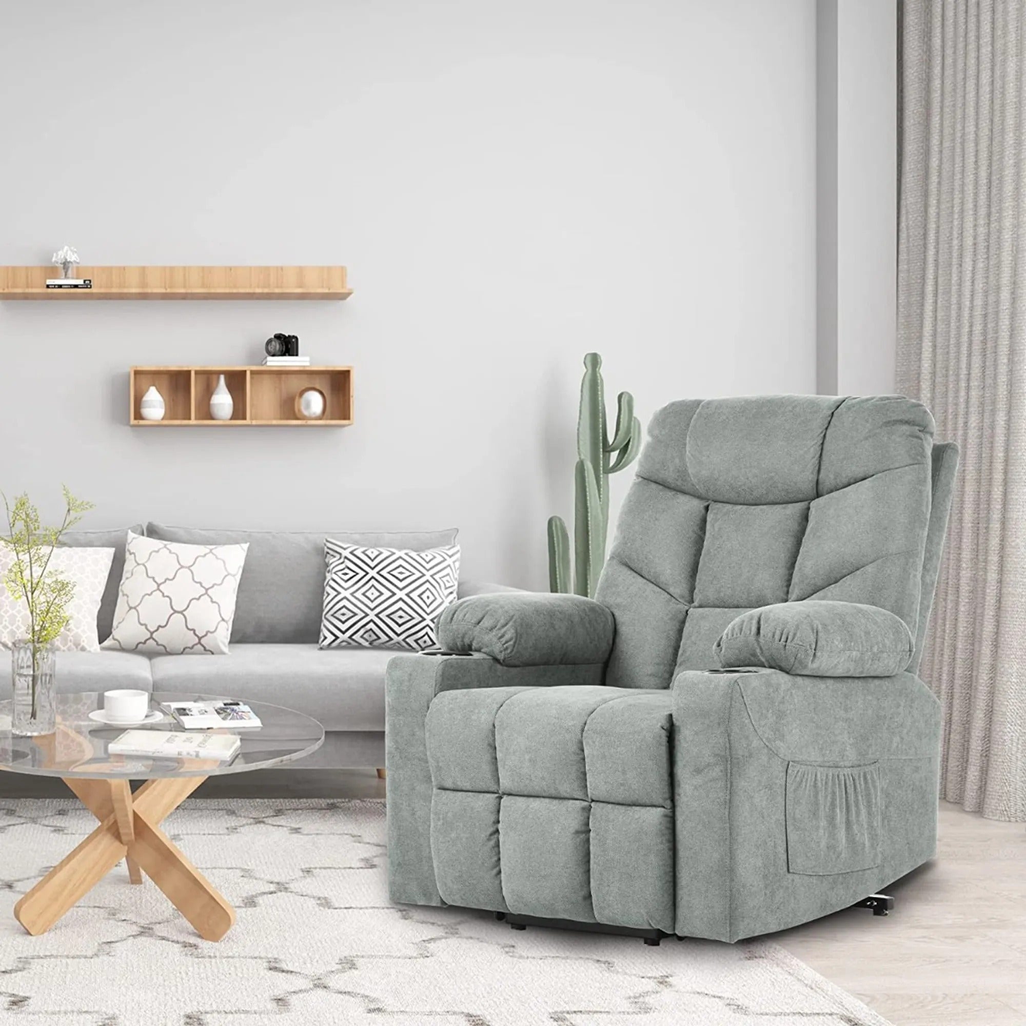 Fabric Power Lift Recliner Chair with Massage & Heat and Cup Holders