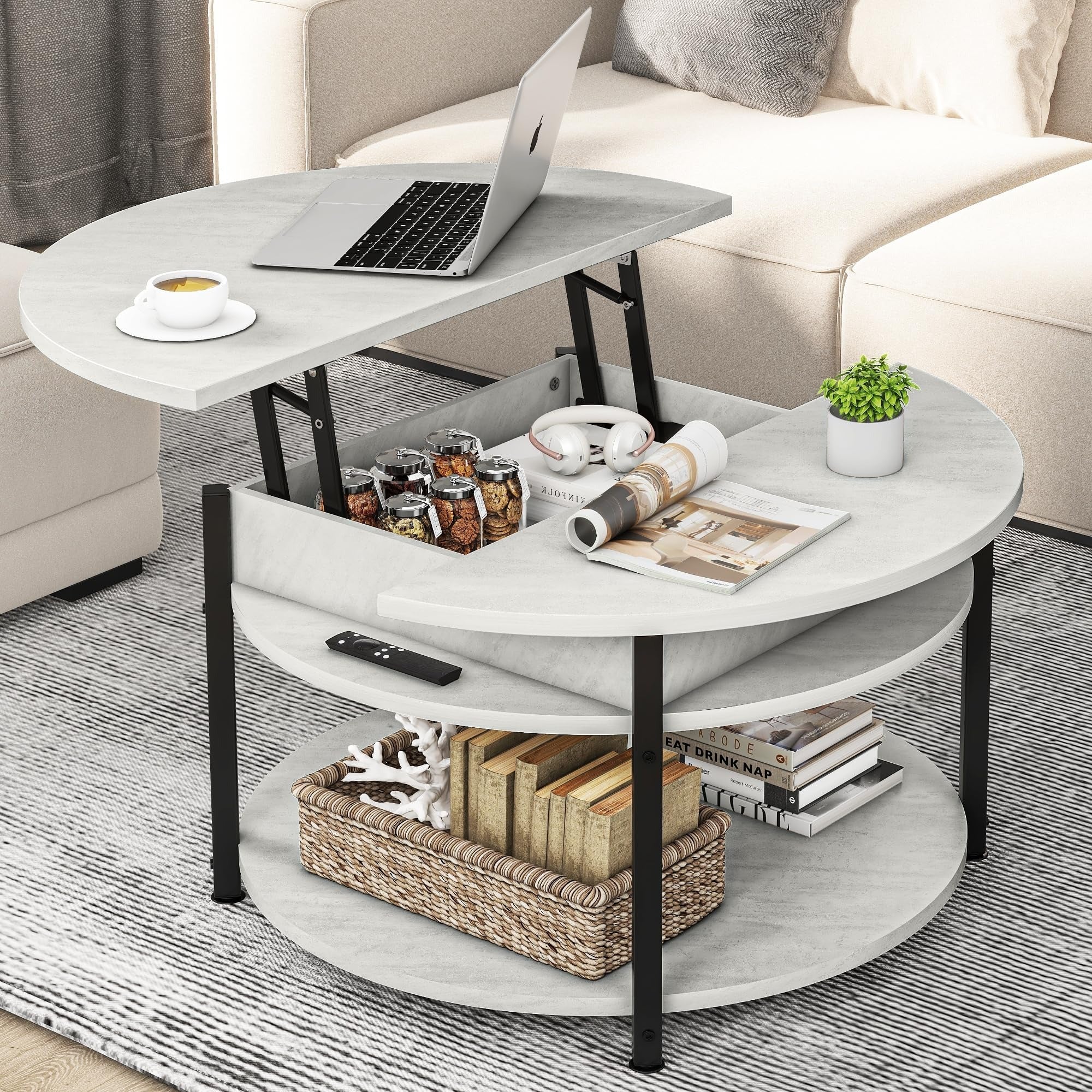 35.8" Modern Round Lift Top Coffee Table with Storage