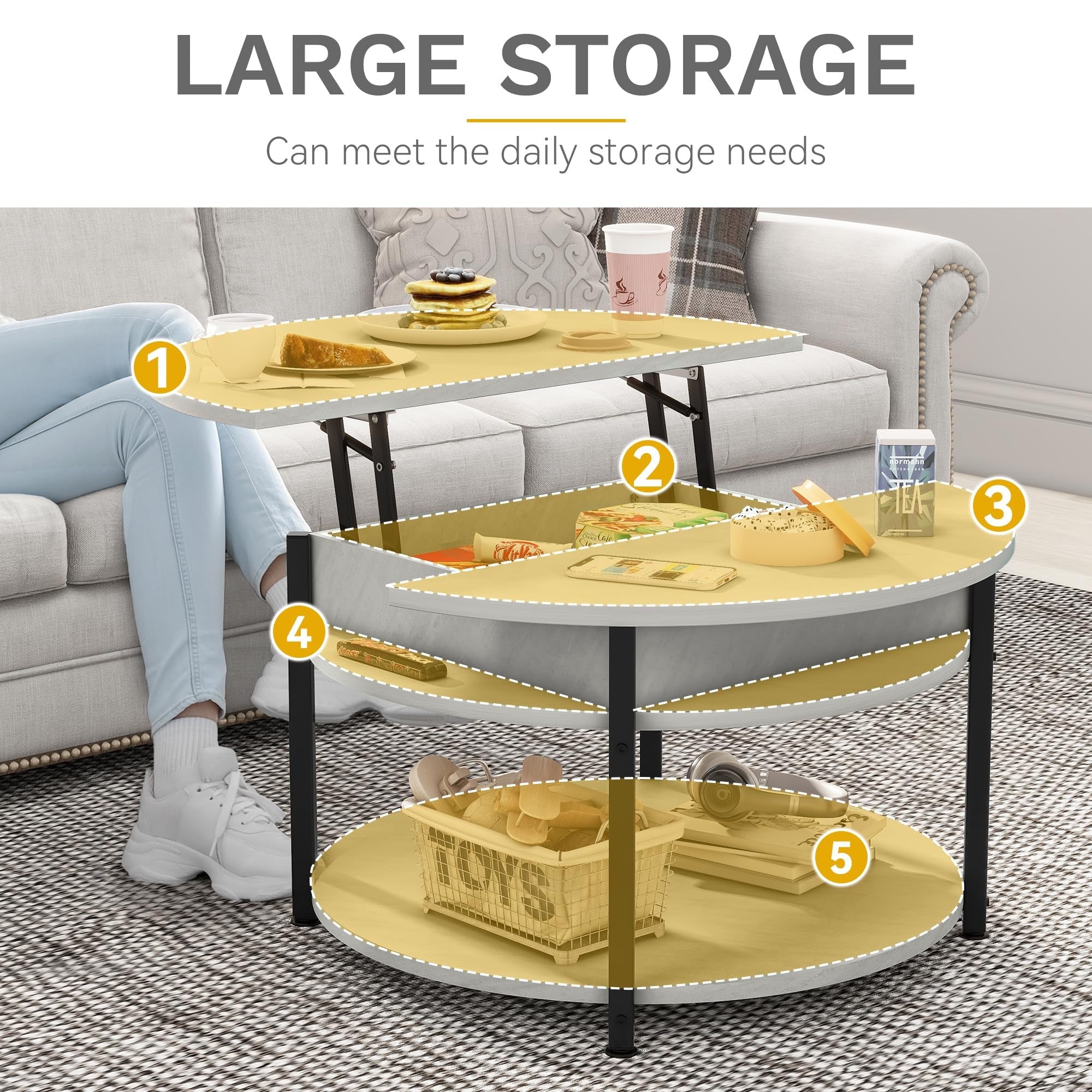 35.8" Modern Round Lift Top Coffee Table with Storage