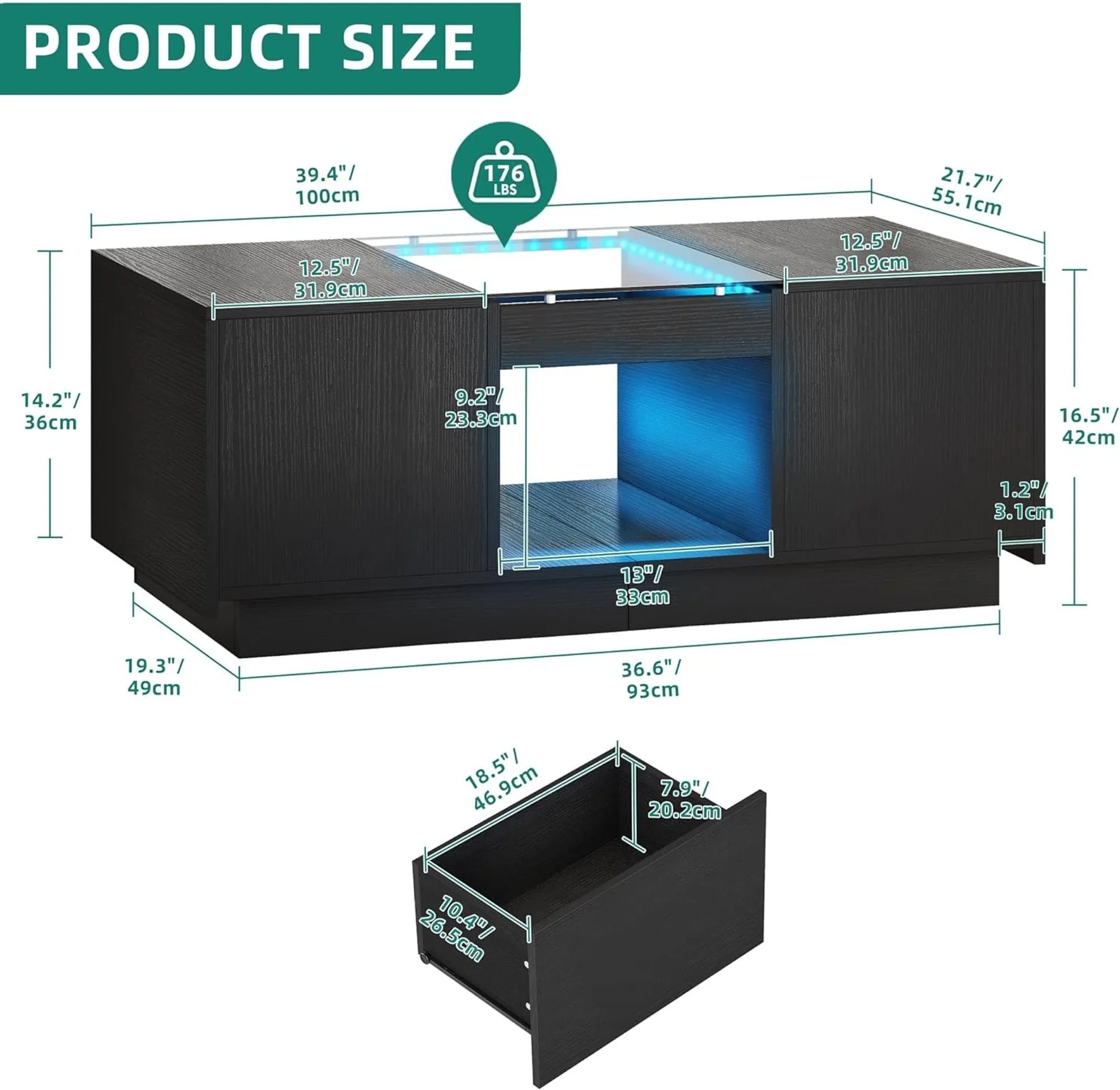 39" Modern Rectangular Coffee Storage Table with 2 Sliding Drawers and Glass tabletop USB Ports