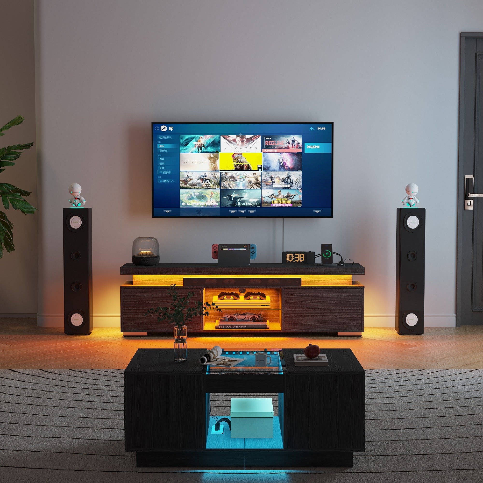 39" Modern Rectangular Coffee Storage Table with 2 Sliding Drawers and Glass tabletop USB Ports